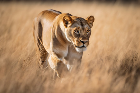 Lioness in the high grass of the Okavango Delta, Botswana.の素材