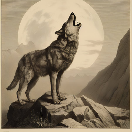 Illustration of a wolf howling in front of a full moonの素材