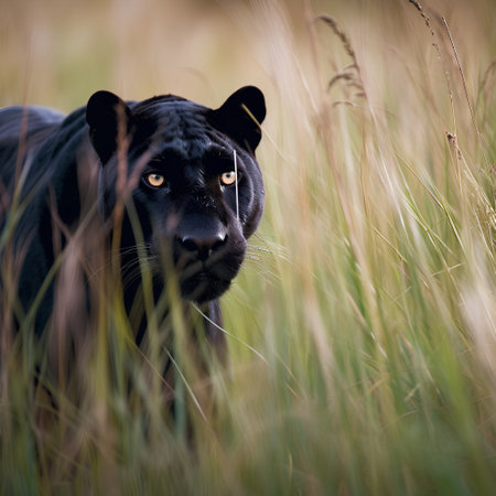 Portrait of a black panther (Panthera leo) in the grassの素材
