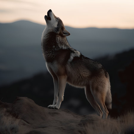 Grey wolf in the mountains at sunset, Canis lupusの素材