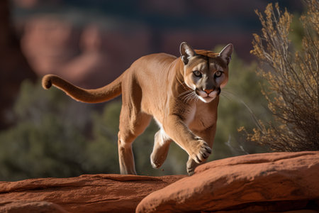 Mountain Lion, Puma concolor, walking on red rocksの素材