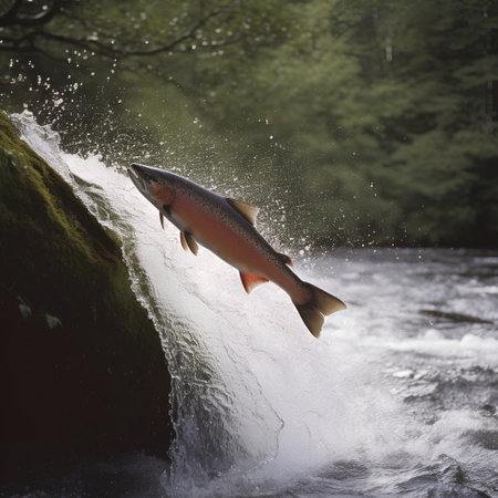 Big salmon jumping out of the water on a background of green forestの素材