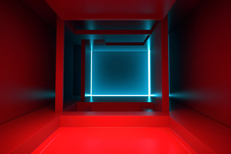 Abstract red interior with neon lights, 3d rendering, square imageの素材