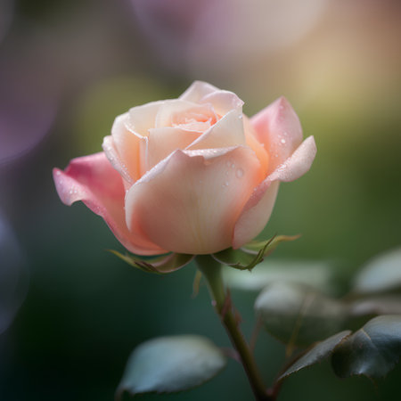 Beautiful pink rose with dew drops on a green blurred backgroundの素材