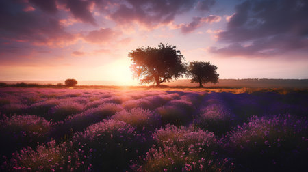 Lavender field at sunset. Beautiful landscape with lavender flowers and treeの素材