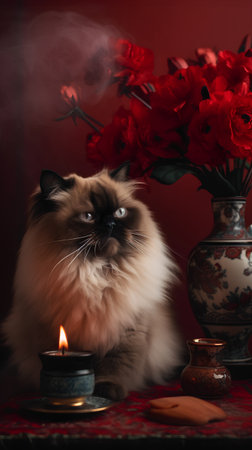 Persian cat on a red background with red flowers and candle.の素材