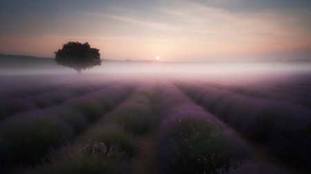 Lavender field with lonely tree at sunrise, 3d renderの素材