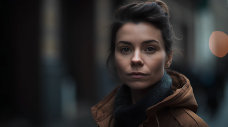 Portrait of a young beautiful brunette woman in a brown coat and scarf.の素材