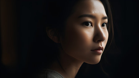 Portrait of a beautiful young asian woman with dark background.の素材