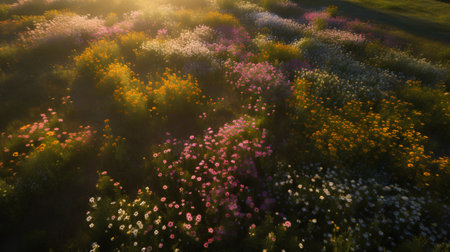 Aerial view of beautiful spring flowers in the meadow at sunsetの素材