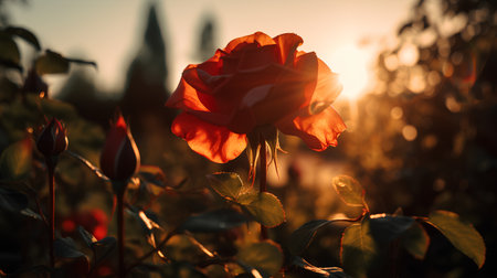 Beautiful red rose flower in the field at sunset. Nature backgroundの素材