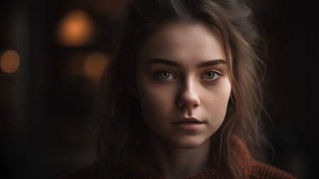 Portrait of a beautiful girl with long hair in a brown sweaterの素材