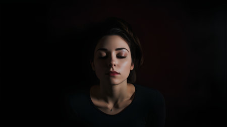 Portrait of beautiful young woman with closed eyes on dark background.の素材