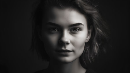 Portrait of a beautiful young woman, black and white photo.の素材