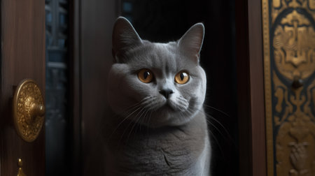 British Shorthair cat in front of the door. Portraitの素材