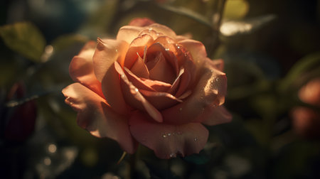 Beautiful orange rose with water drops on petals close-upの素材