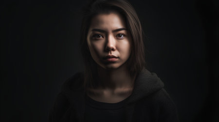 Portrait of a beautiful young asian woman on a dark backgroundの素材