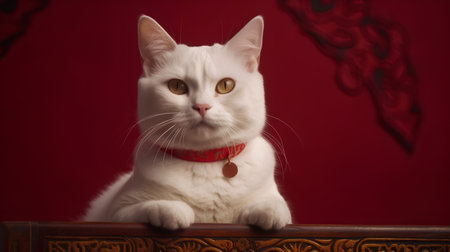 Beautiful white cat with red collar on red background. Studio shot.の素材