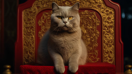 Portrait of a British Shorthair cat sitting on a red chair.の素材