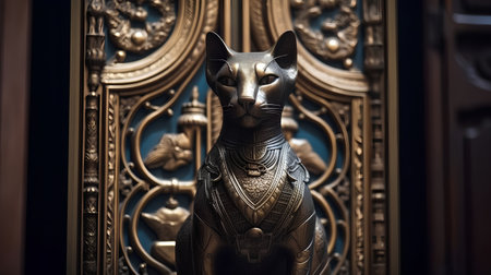 Egyptian cat in front of the door, close-up.の素材