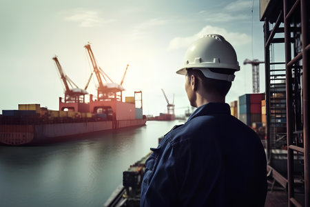 Portrait of Asian worker wearing safety helmet and holding a white helmet while standing in front of container cargo ship in the port at sunset.の素材
