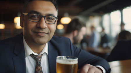 Portrait of confident businessman drinking beer at bar counter in a pubの素材