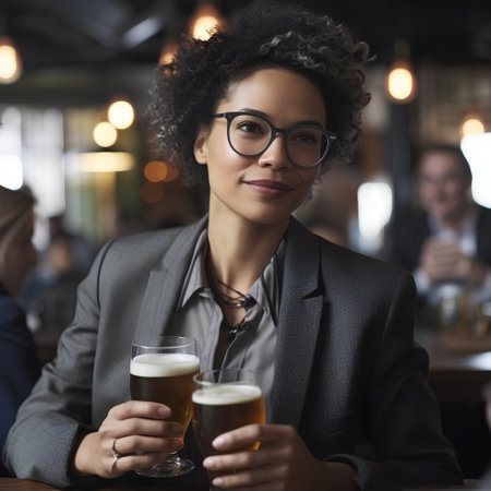 Portrait of a young african american woman drinking beer in a pubの素材