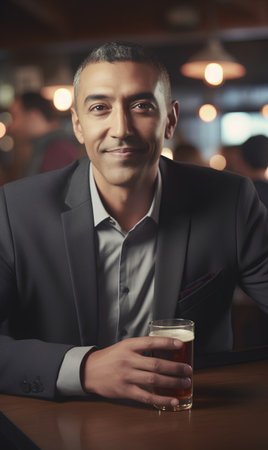 Handsome man drinking a beer in a bar, looking at cameraの素材