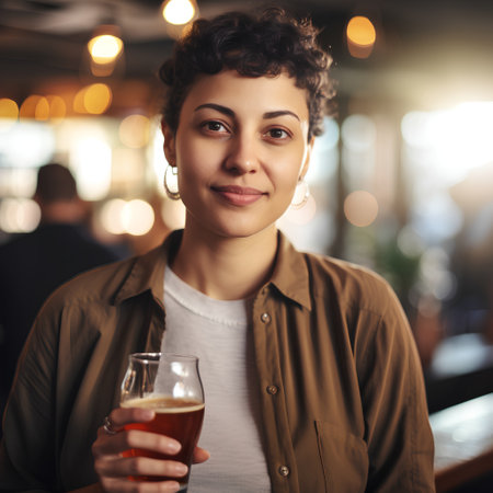Portrait of young woman with glass of beer in a pub.の素材