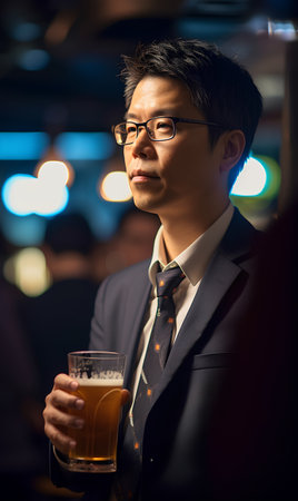 Portrait of Asian businessman drinking beer in bar. Business concept.の素材