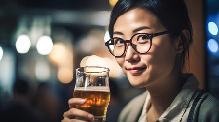 Young asian woman drinking beer in a pub. Close up portrait of beautiful asian girl drinking beer.の素材