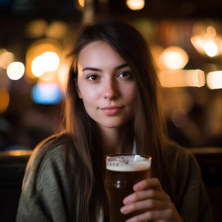 Portrait of beautiful young woman drinking beer in bar at night.の素材