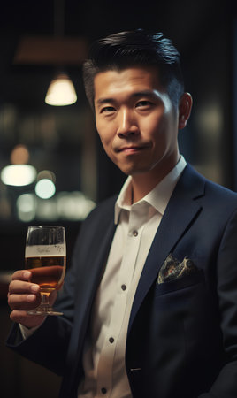 Portrait of a handsome asian man holding a glass of beerの素材