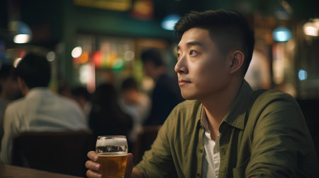 Young Asian man drinking beer in a pub at night, lifestyle conceptの素材