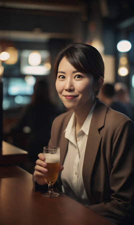 businesswoman drinking beer in a pub, asian beauty portrait.の素材
