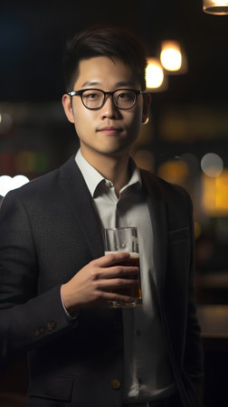 Young handsome asian businessman drinking whiskey at night bar. Portraitの素材