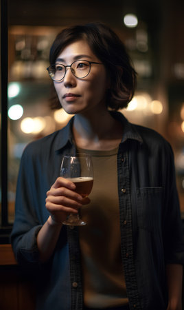 Portrait of a young asian woman in eyeglasses holding a glass of beerの素材