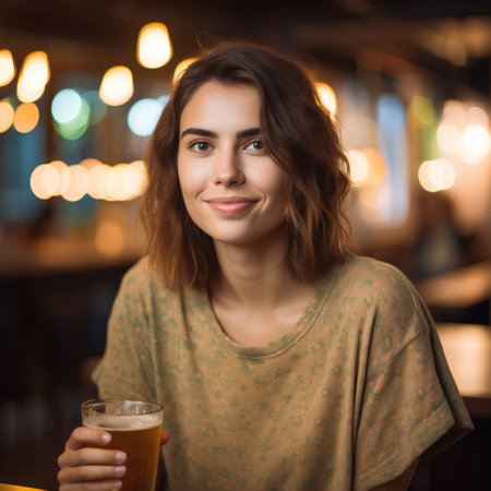 Portrait of a beautiful young woman holding a beer in a pubの素材
