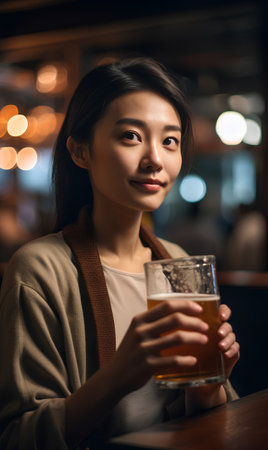portrait of smiling asian woman with glass of beer in pubの素材