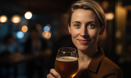 Portrait of a beautiful young woman drinking beer in a pub.の素材