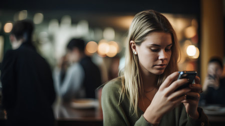 Young woman using mobile phone in a coffee shop. Blurred backgroundの素材