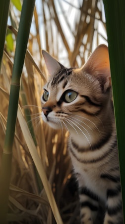 Cute tabby kitten sitting on the reeds in the garden.の素材