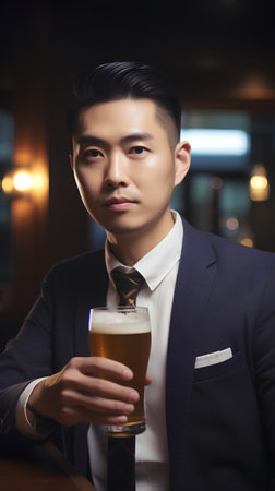 Portrait of a handsome young asian man drinking beer in a pubの素材