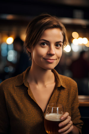 Portrait of a smiling young woman with a beer in a pub.の素材