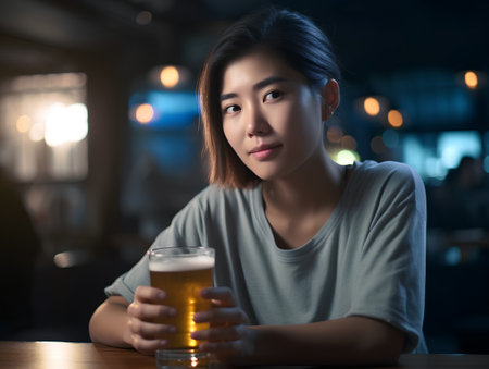 Young asian woman drinking beer in a pub at night time.の素材
