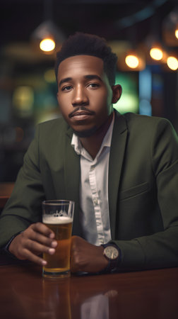 Portrait of handsome african american man drinking beer in pubの素材