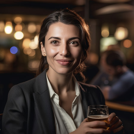 Portrait of a beautiful businesswoman holding a glass of beer in a pubの素材