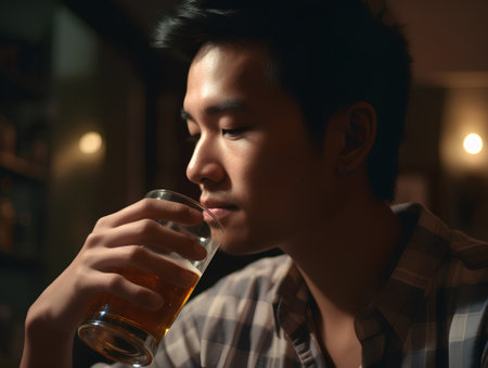 Young Asian man drinking beer in a pub. Close up portrait.の素材