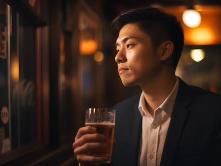 Young asian man drinking beer in a pub. Close up portraitの素材