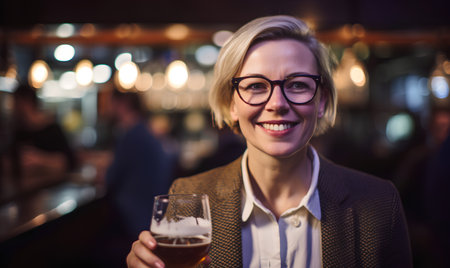 Portrait of smiling woman holding glass of beer at bar counter in pubの素材